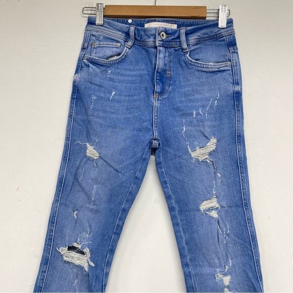 Zara Blue Distressed Raw Hem High Rise Skinny Jeans Womens 00 Zip Fly Classic - Picture 4 of 11